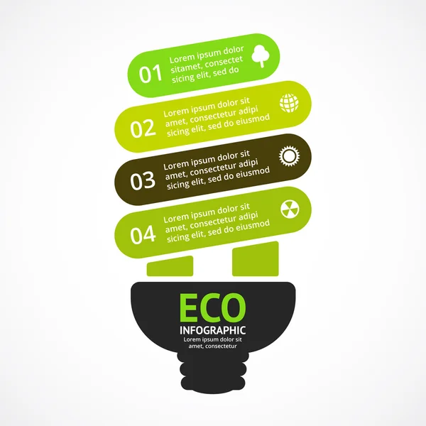 Energieeffiziente Glühbirne. Vektorpfeile grüne Ökoinfografik. Ökologiediagramm, Grafik, Präsentation, Grafik. Bio-Naturkonzept mit 4 Optionen, Teilen, Stufen. — Stockvektor