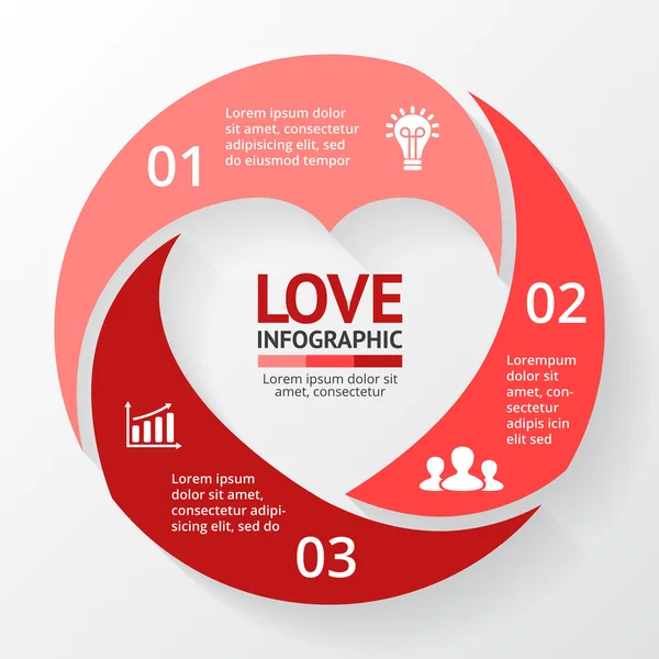 Infografía del círculo cardíaco vectorial. Plantilla para el diagrama del ciclo del amor, gráfico, presentación, gráfico redondo. Concepto de negocio con 3 opciones, partes, pasos, procesos. Feliz día de San Valentín . — Archivo Imágenes Vectoriales