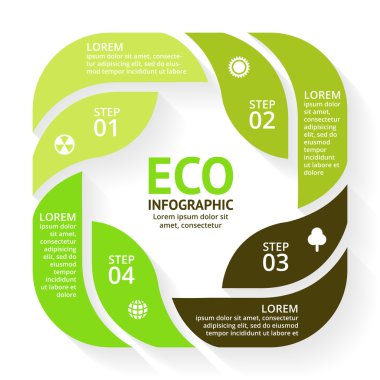 Vektör daire okları yeşil eco Infographic bırakır. Ekoloji diyagramı, grafik, tanıtım, grafik. Organik doğa kavramı ile 4 seçenekleri, parçalar, adımları.