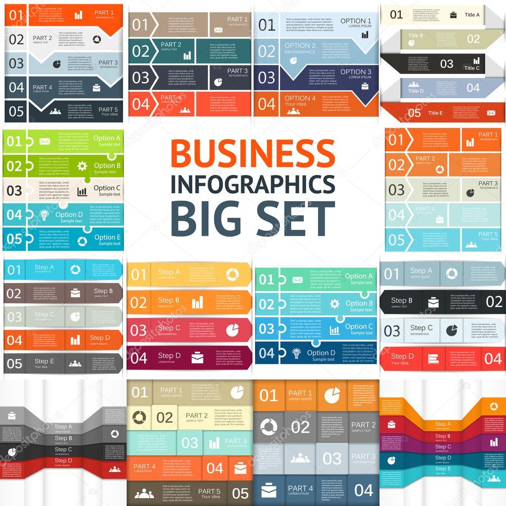 Vector flat lines arrows infographics big set. Templates for diagram, graph, presentation, chart. Business concept with 4 and 5 options, parts, steps or processes. 14 in 1.