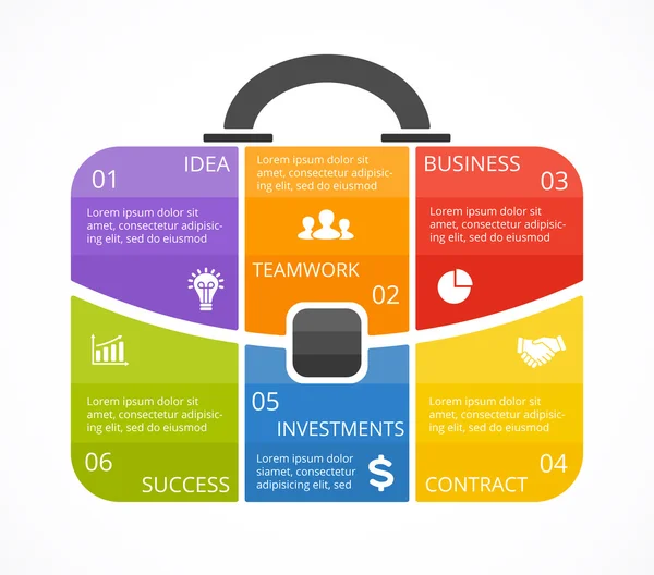 Infografía del maletín vectorial. Plantilla para diagrama de bolsa, gráfico, presentación, gráfico redondo. Portafolio profesional de negocios con 6 opciones, piezas, pasos o procesos. Concepto de viajes y turismo . — Vector de stock