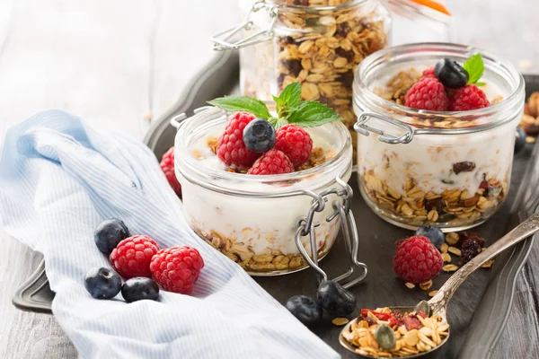 Healthy breakfast - homemade granola adn fresh berries — Stock Photo, Image
