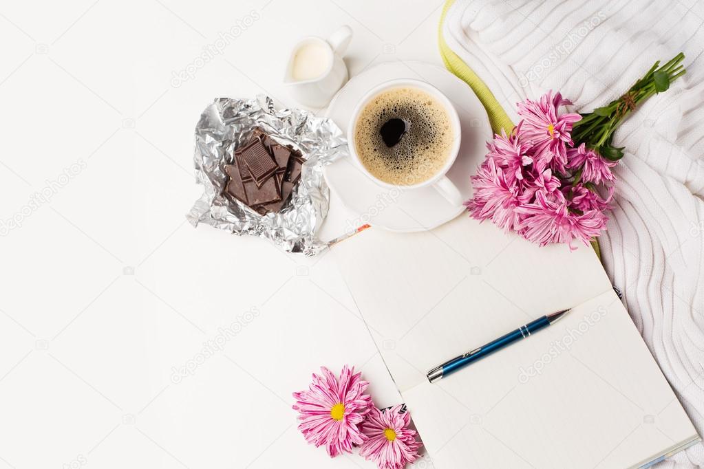 Cup of coffee, Bouquet of pink flowers
