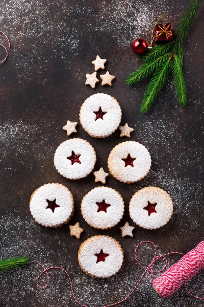 Linzer Christmas New Year Cookies Filled Jam Dusted Sugar Dark — Stock Photo, Image