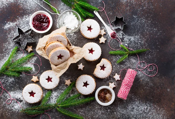Linzer Christmas New Year Cookies Filled Jam Dusted Sugar Dark — Stock Photo, Image