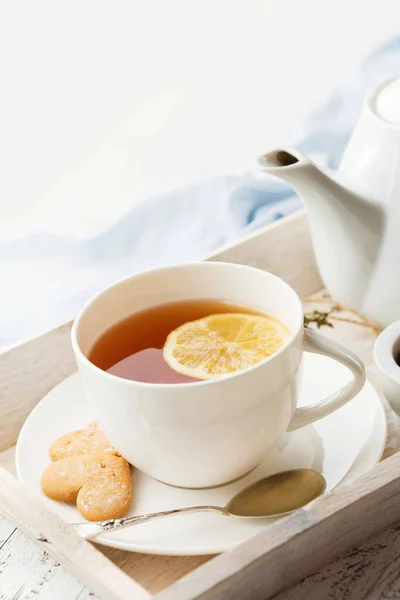 Tray Cup Hot Black Tea Lemon Honey White Rustic Wooden — Stock Photo, Image