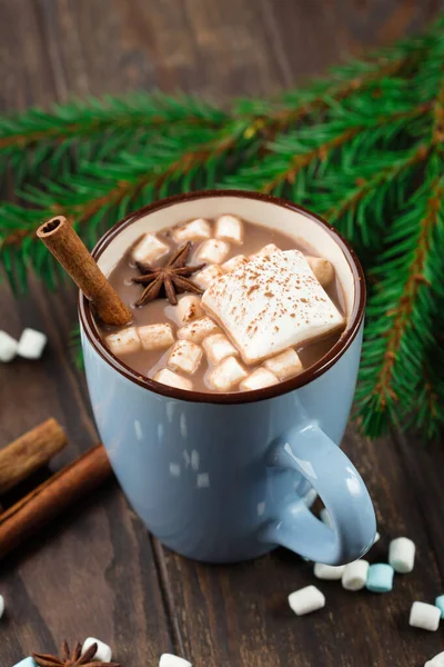 蓝杯热巧克力饮料与棉花糖和肉桂在黑暗的木制背景 冬天的时候假日概念 选择性重点 — 图库照片