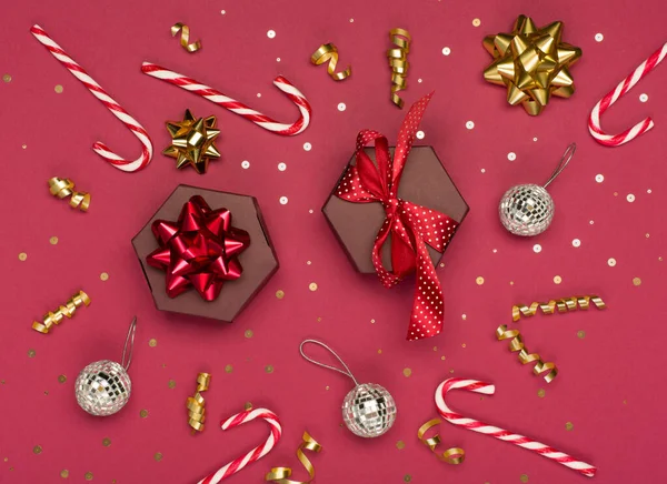 Modello Biglietto Auguri Vacanze Natale Decorazioni Oro Bastoncini Zucchero Regali — Foto Stock