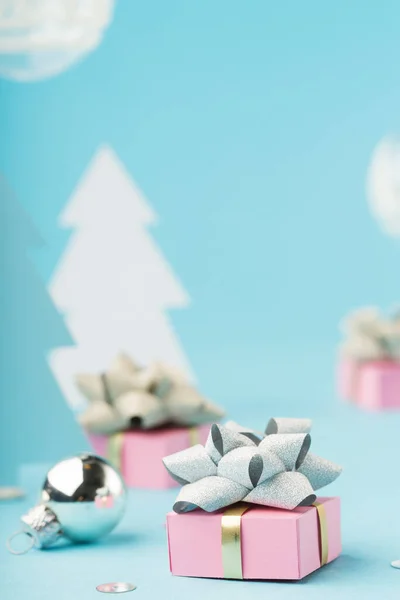 Christmas Card Pink Xmas Gifts Silver Decorations Mirror Disco Balls — Stock Photo, Image