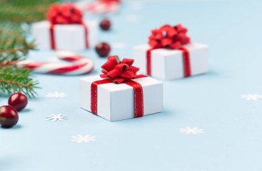 Noel ve Yeni Yıl kompozisyonu. Firavun ağacı dalları, kırmızı kızılcıklar, Xmas hediyeleri ve pastel kağıt mavi arka planda şeker kamışları. Kış tatili konsepti. Seçici odak, boşluğu kopyala.