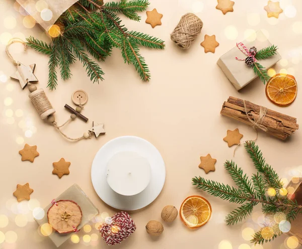 Kerst Nieuwjaarskaart Xmas Nul Afval Milieuvriendelijk Concept Feestelijke Houten Decoraties — Stockfoto