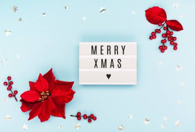 Kırmızı çiçekli beyaz ışıklı kutuya Mutlu Xmas metinleri, mavi kağıtta gümüş kar taneleri. Düz konum, üst görünüm, kopyalama alanı.