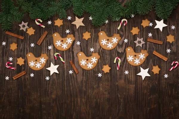 Christmas Holiday Background Homemade Gingerbread Cookies Candy Canes Snowflakes Dark — Stock Photo, Image