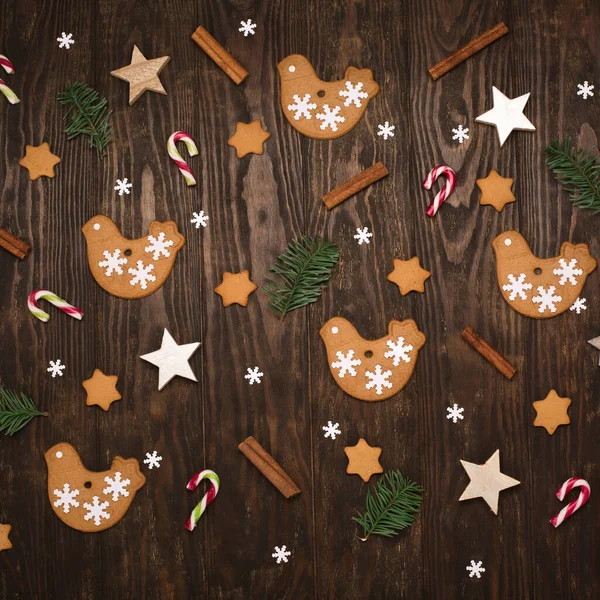 Christmas Holiday Background Homemade Gingerbread Cookies Candy Canes Snowflakes Dark — Stock Photo, Image