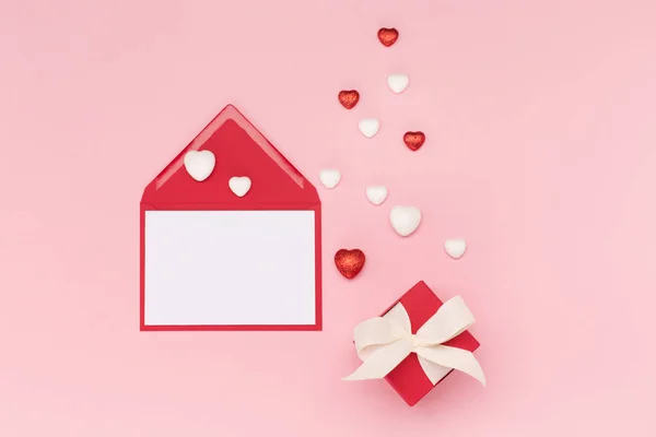 Glitter Hearts Empty Card Red Gift Box Pink Background Valentines — Stock Photo, Image