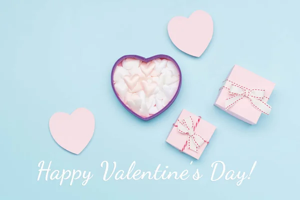 Roze Witte Textielhartjes Pastelblauwe Achtergrond Valentijnsdag Concept Platte Lay Bovenaanzicht — Stockfoto