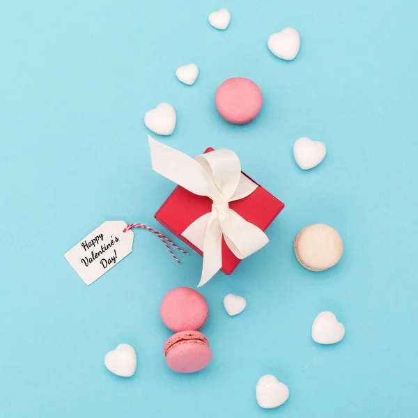Slavnostní Sváteční Přání Valentýna Bílá Srdce Sladkosti Dárkové Krabice Modrém — Stock fotografie