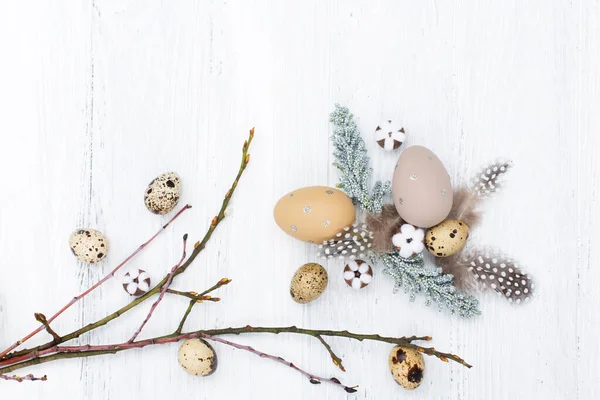 Craft Easter Composition Easter Quail Eggs Nest Pussy Willow Branches — Stock Photo, Image