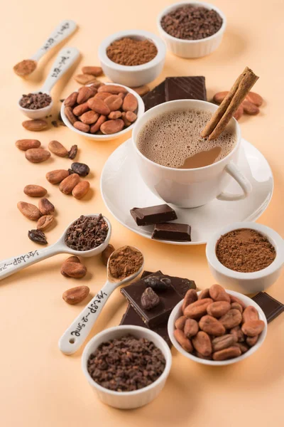 Bir Fincan Sıcak Çikolata Aromatik Kakao Çekirdeği Kakao Çubukları Doğal — Stok fotoğraf