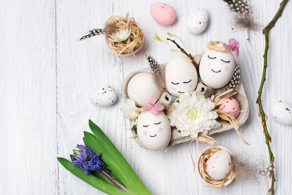 Zero Waste Easter Concept White Cute Eggs Tree Branches Quail — Stock Photo, Image