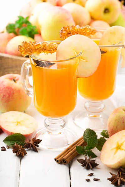 Gekruide Appelcider Met Steranijs Frash Mint Kaneel Witte Houten Achtergrond — Stockfoto