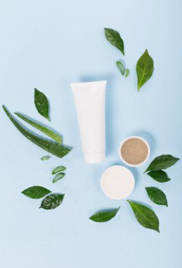 Kozmetik krem yüz modelleme tüpü ya da vücut losyonu, aloe vera ve mavi arka planda yeşil yapraklar. Doğal kozmetik ürün konsepti, üst görünüm, kopyalama alanı.