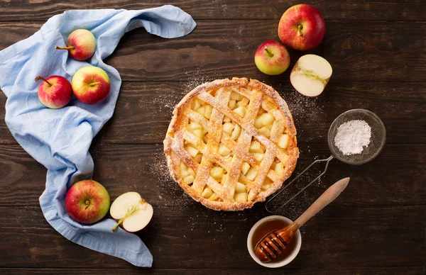 Домашній Осінній Яблучний Пиріг Свіжими Яблуками Спеціями Медом Корицею Темному — стокове фото