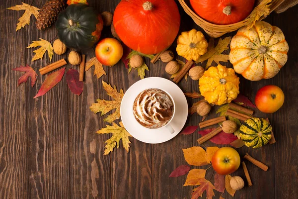 Concept Fall Harvest Thanksgiving Day Autumn Composition Cup Coffee Pumpkins — Stock Photo, Image