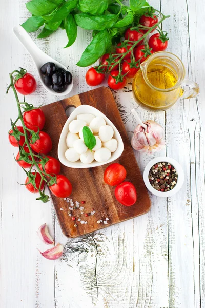 Tomaten und Mozzarella mit Basilikumblättern — Stockfoto