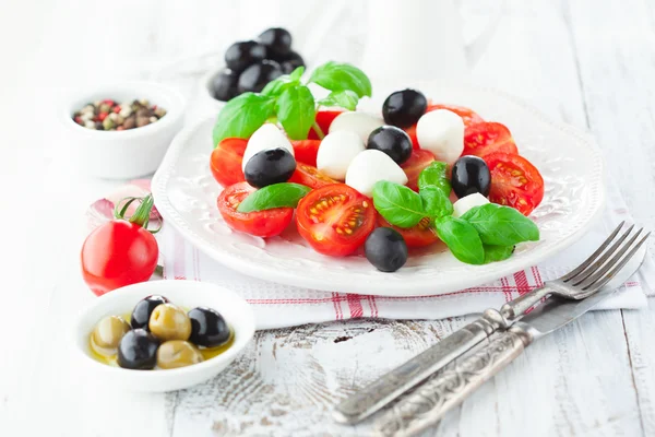 Pomodori e mozzarella con foglie di basilico — Foto Stock