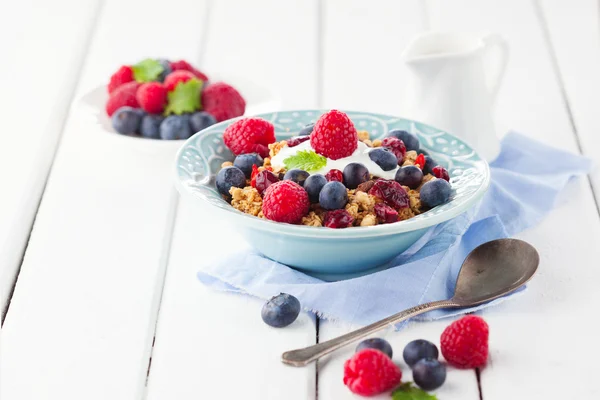 Muesli, milk and fresh berries — Stock Photo, Image