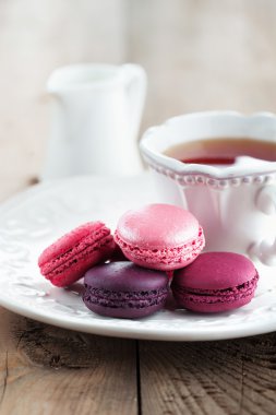 French macaroons and cup of tea
