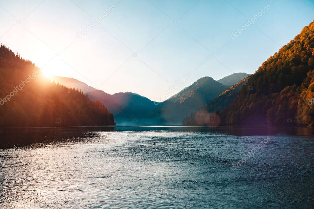 Lake Ritsa at sunset in Abkhazia. Mountain landscape