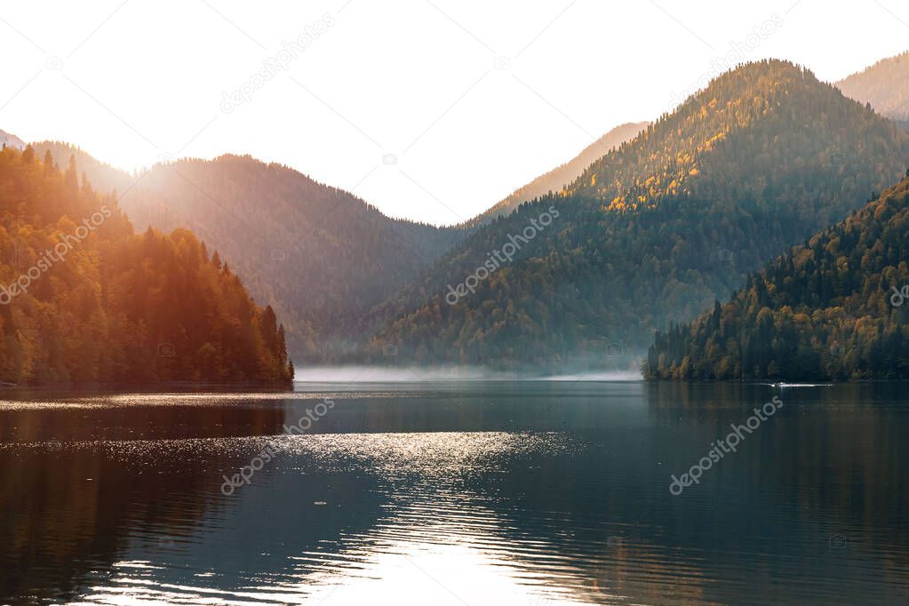 Lake Ritsa at sunset in Abkhazia. Mountain landscape
