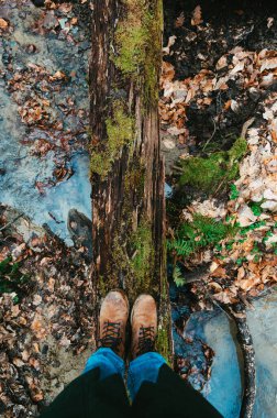Sonbaharda ya da bahar ormanlarında botların içindeki ayak selfie 'si. Seyahat ve macera kavramı