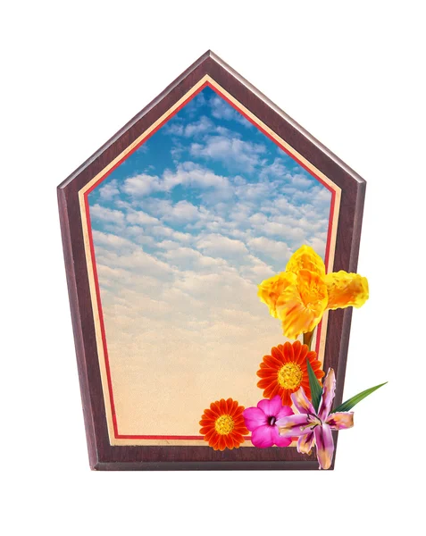 Holzrahmen Mit Blume Der Ecke Und Blauem Himmel Platz Inneren — Stockfoto