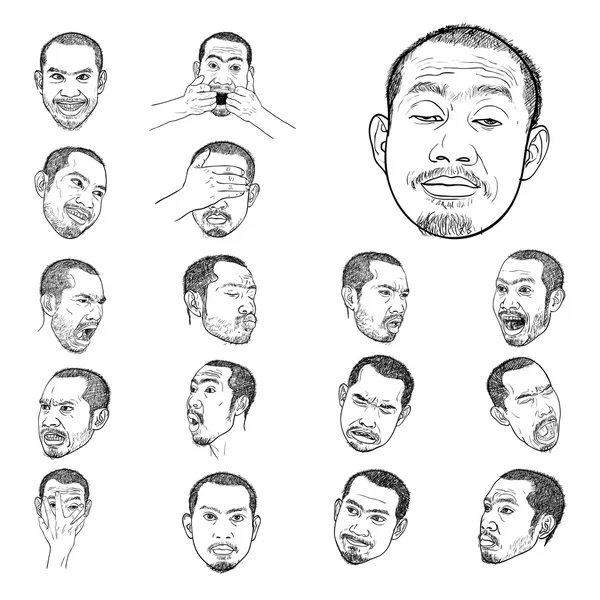Dessin ensemble de portraits de jeune homme asiatique — Image vectorielle