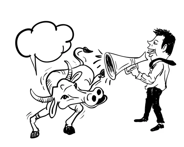 Homem de negócios falando usando bullhorn para búfalo —  Vetores de Stock