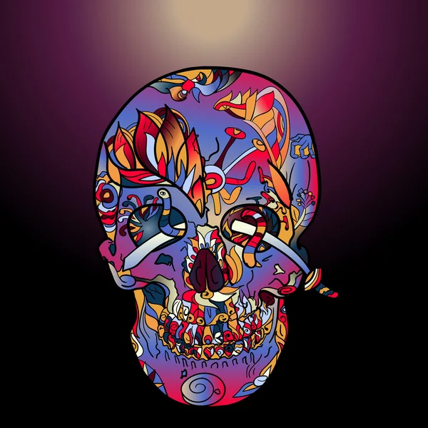 Line Art Skull Coloring Sketch Doodle Zentangle Floral Elements Tattoo — Stock Vector