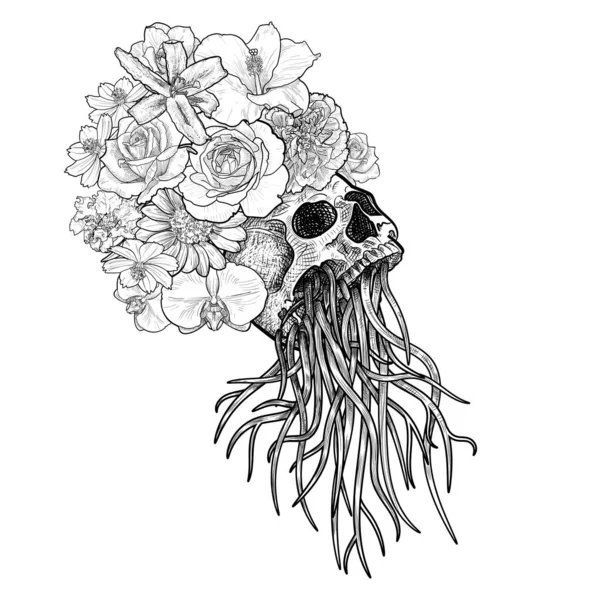 Dibujo Cráneo Con Raíz Corona Flores Vida Después Muerte — Vector de stock