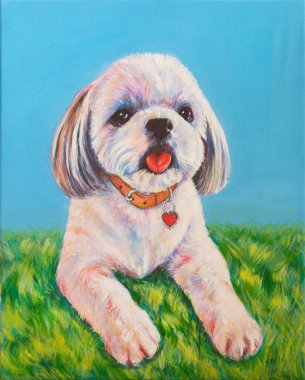 Yeşil ve mavi arka planda oturan bir Shih-Tzu köpeği. Tabloda Akrilik Boyama