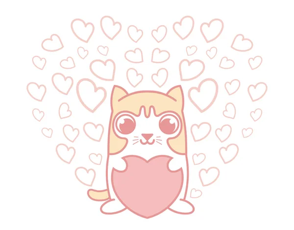 Cute Cat Holding Pink Heart Group Small Hearts Isolated Background — Stock Vector