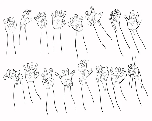 Set di mani in molti gesti — Vettoriale Stock
