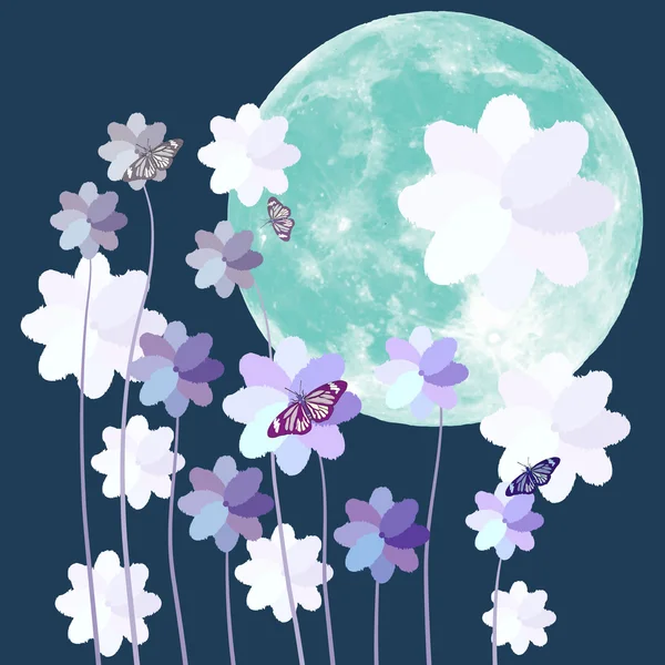 Butterfly en flower met grote volle maan op blauwe achtergrond — Stockvector