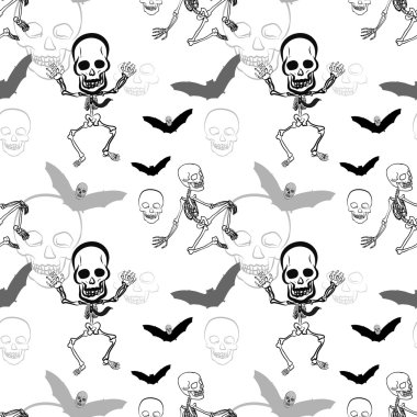 İskelet, kafatası ve beyaz zemin üzerine yarasa seamless modeli 