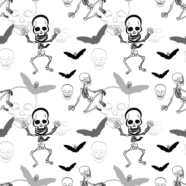 Modèle sans couture de squelette, crâne et chauve-souris sur fond blanc — Image vectorielle