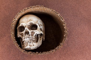 Hasır sepet içinde insan kafatası 