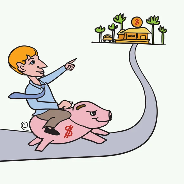 Man riding piggybank heading to his goal — Stock Vector