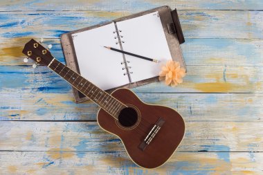 Ukulele ile defter ve kalem 