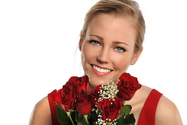 Portrait of Young Woman With Bouquet of Roses — Stock Photo, Image